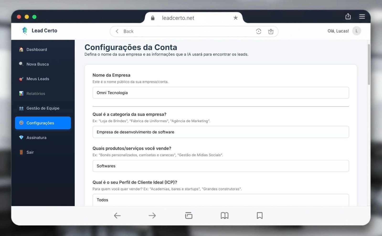 Tela da plataforma Lead Certo com filtros de busca